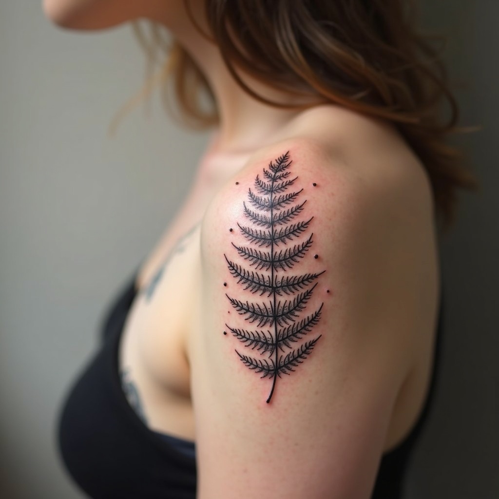 Samambaia botânica em dotwork no ombro