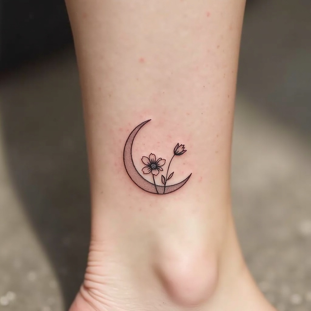 Fineline de lua crescente com flores no tornozelo