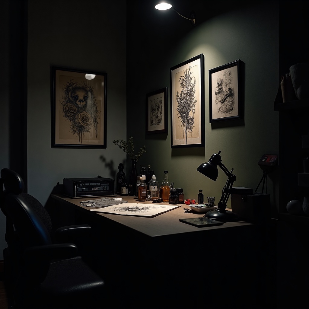 Estação de trabalho com flash art de blackwork