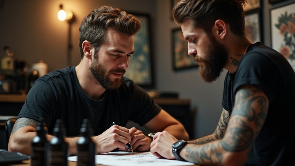 Tatuador em conversa atenta com cliente durante consulta em estúdio, mostrando escuta ativa e profissionalismo no atendi