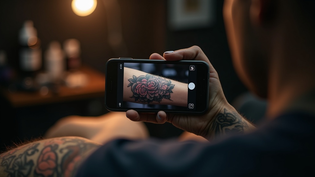 Mão de tatuador segurando smartphone para fotografar tatuagem recém-feita, com potes de tinta e equipamento do estúdio d