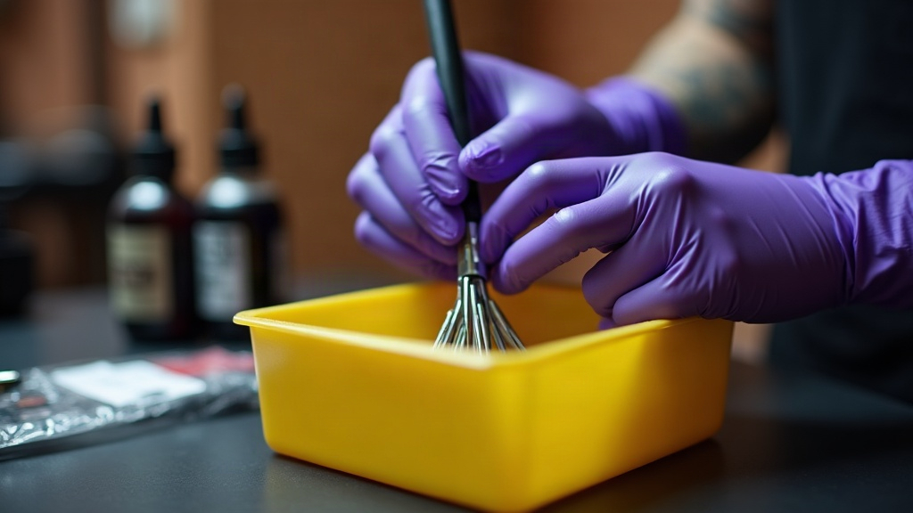 Mãos de tatuador com luvas roxas descartando agulhas usadas em container de segurança amarelo, com frascos de tinta e ma