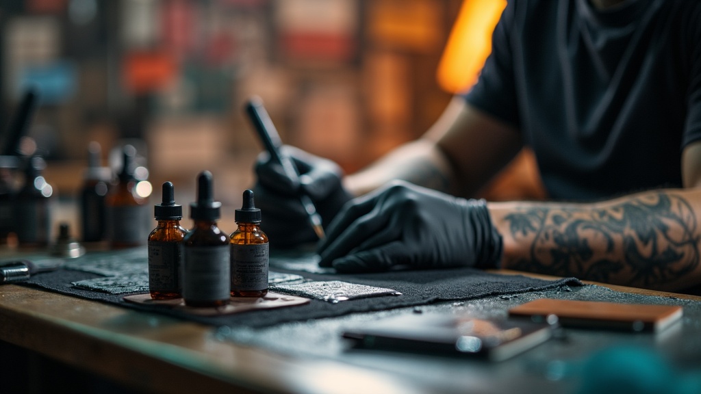Detalhe da bancada de um estúdio de tatuagem com potes de tinta organizados, luvas e equipamentos prontos, iluminação de