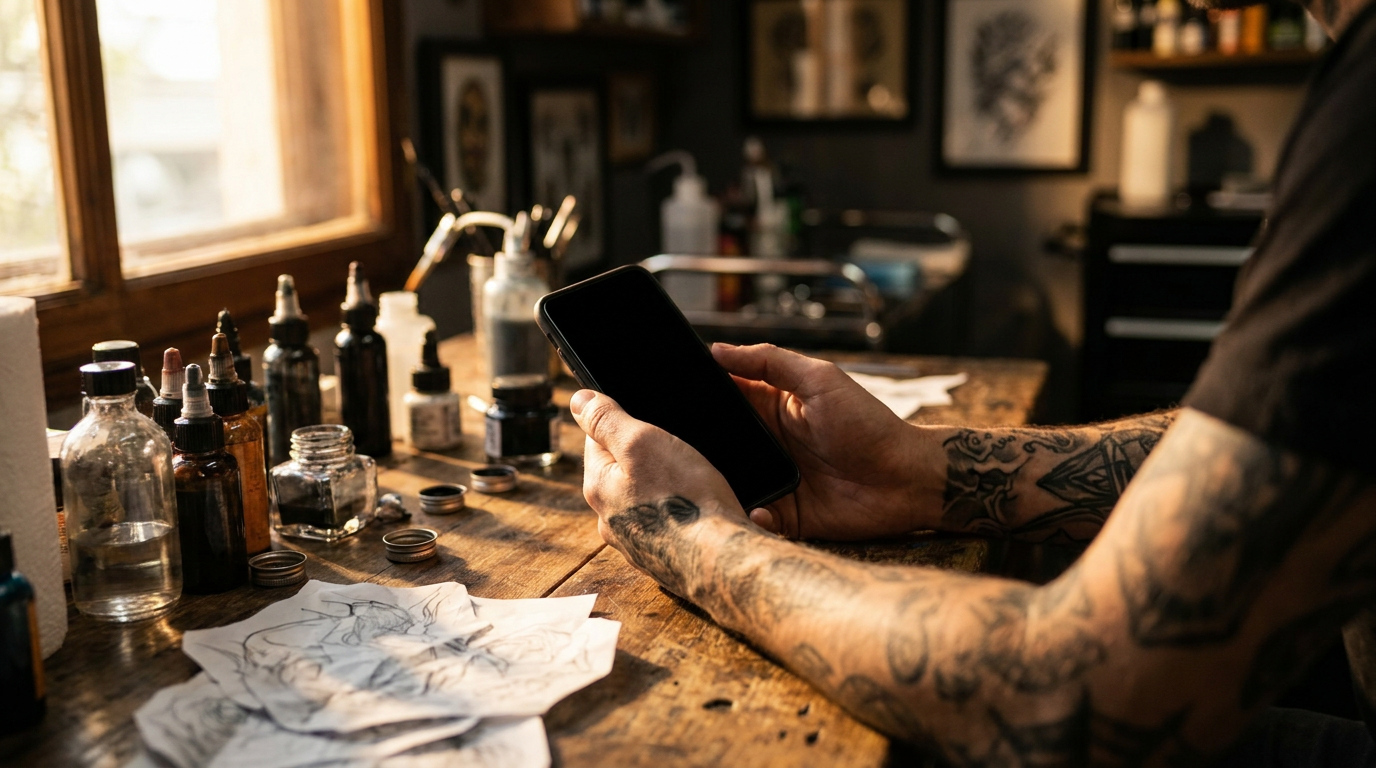 Mãos de tatuador segurando smartphone com portfólio de trabalhos ao lado de mesa com tinta, agulhas e esboços de tatuage