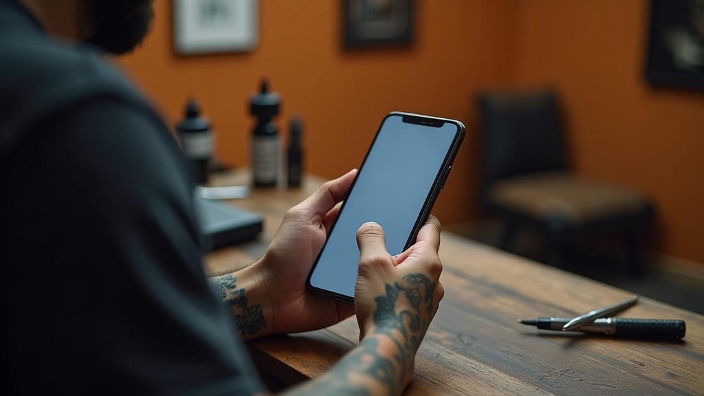 Telefone com aplicativo do Instagram em primeiro plano sobre bancada de estúdio de tatuagem, com máquina e materiais des