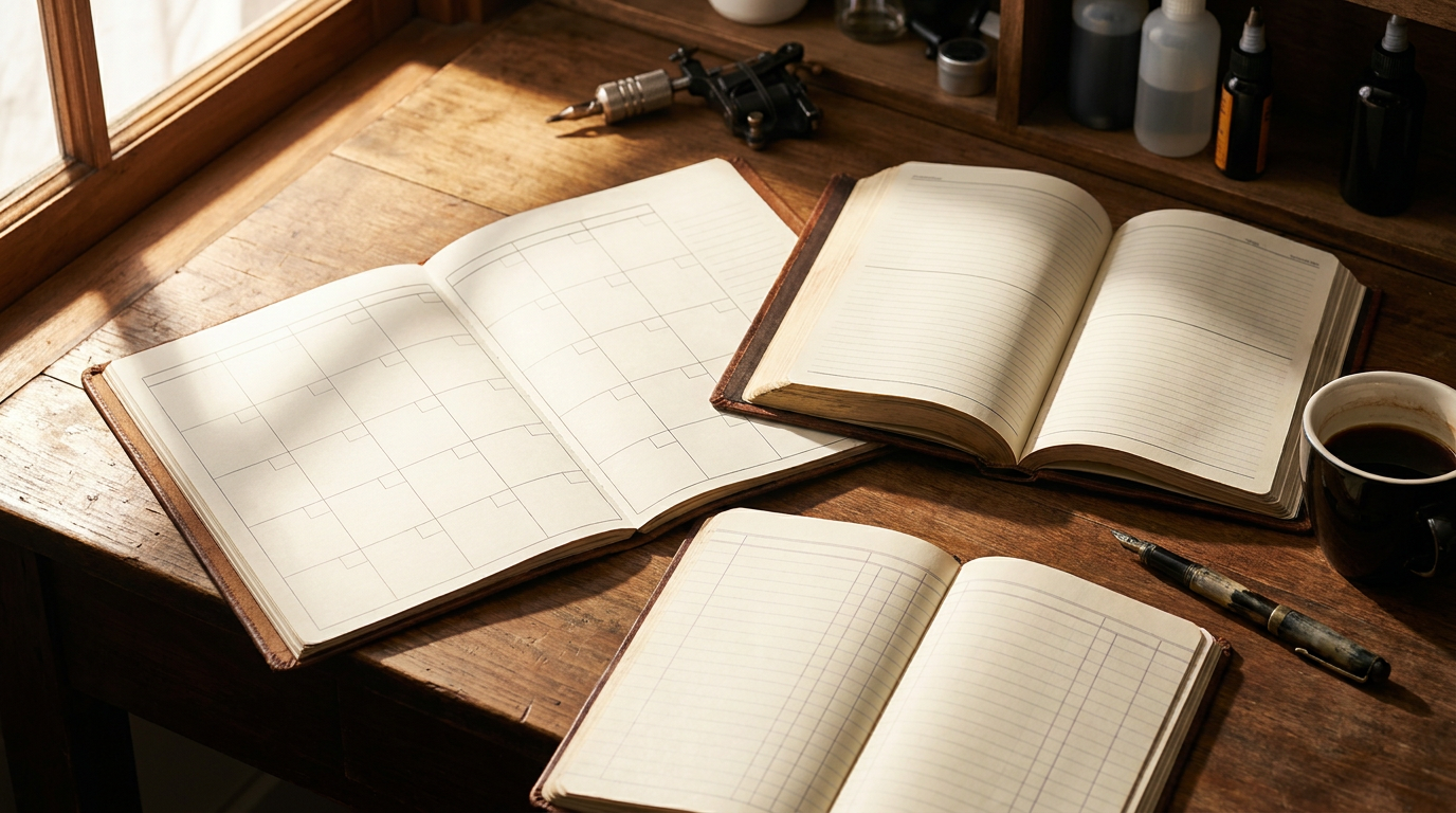 Espaço de trabalho de gerenciamento de estúdio de tatuagem com agenda, livro de agendamentos e registros de pagamento so