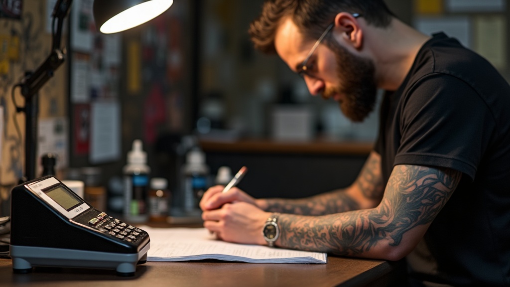 Detalhe de uma bancada de estúdio de tatuagem com equipamentos de trabalho e tinta desfocada ao fundo, representando est