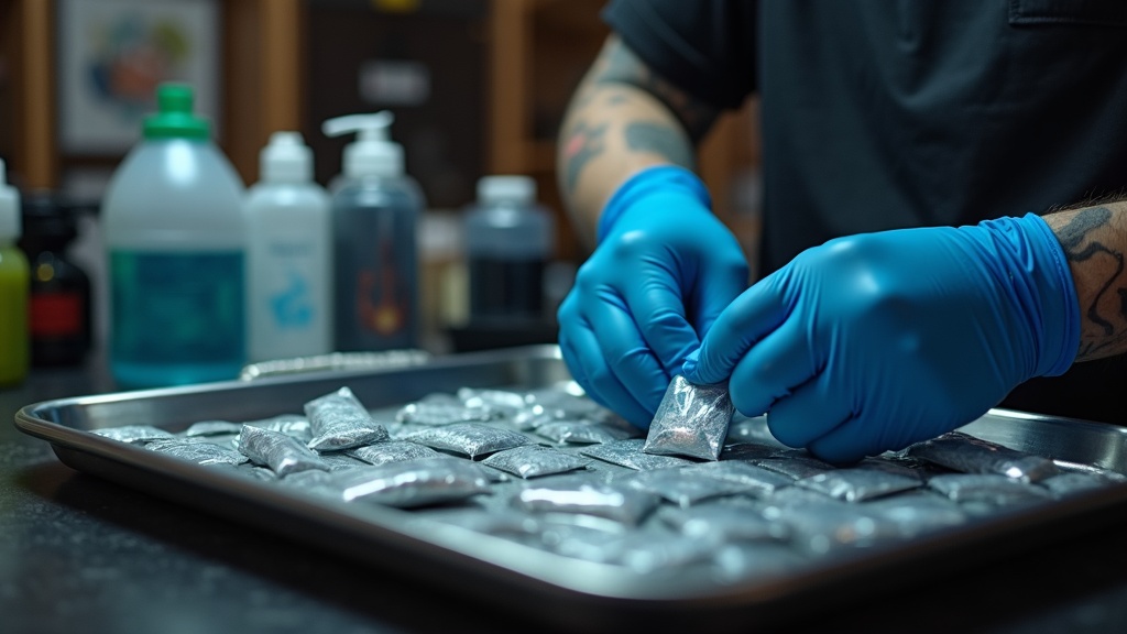 Close-up da bancada de trabalho de um tatuador com mãos enluvadas em azul organizando instrumentos estéreis em bandeja d
