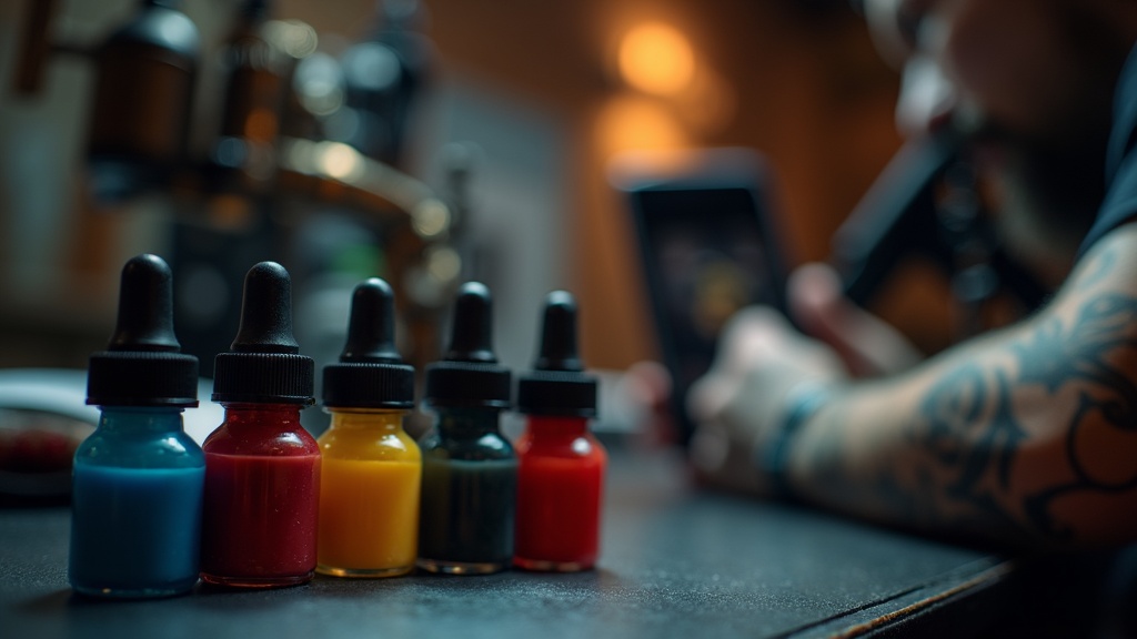 Potinhos de tinta colorida enfileirados na bancada de um estúdio de tatuagem