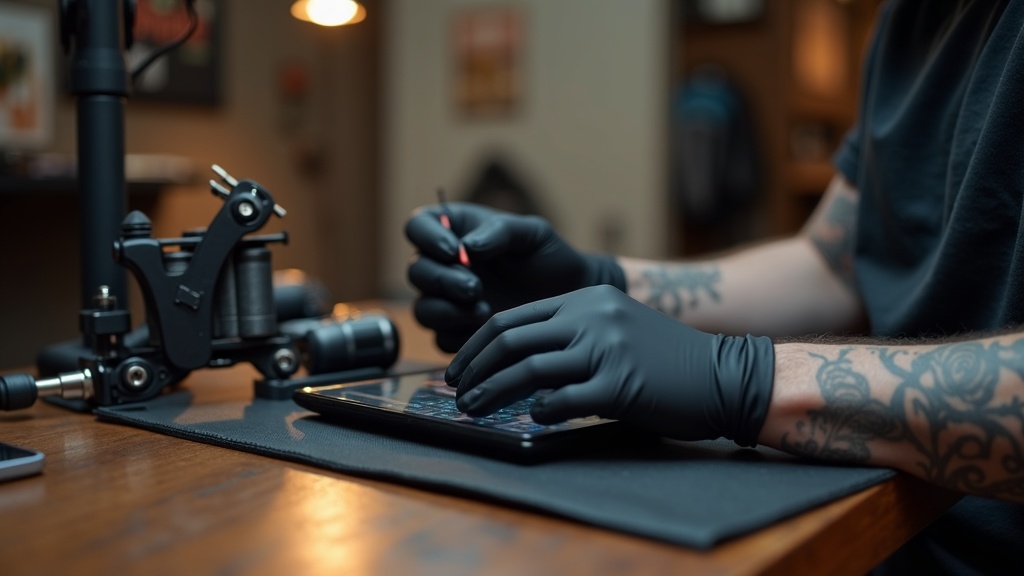 Equipamento de tatuagem organizado na bancada do estúdio