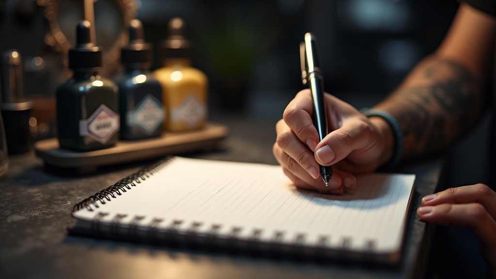 Detalhe de bancada de estúdio de tatuagem com caderno aberto, mão segurando caneta para anotar orçamentos e leads de cli