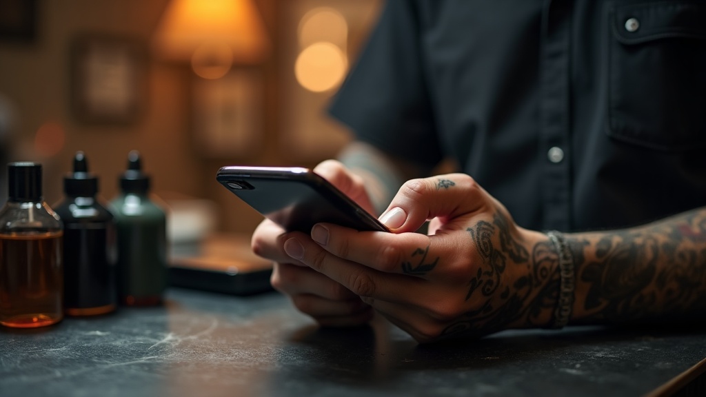 Mão de tatuador segurando smartphone iluminado por luz morna de estúdio, pronto para responder mensagens diretas, com eq